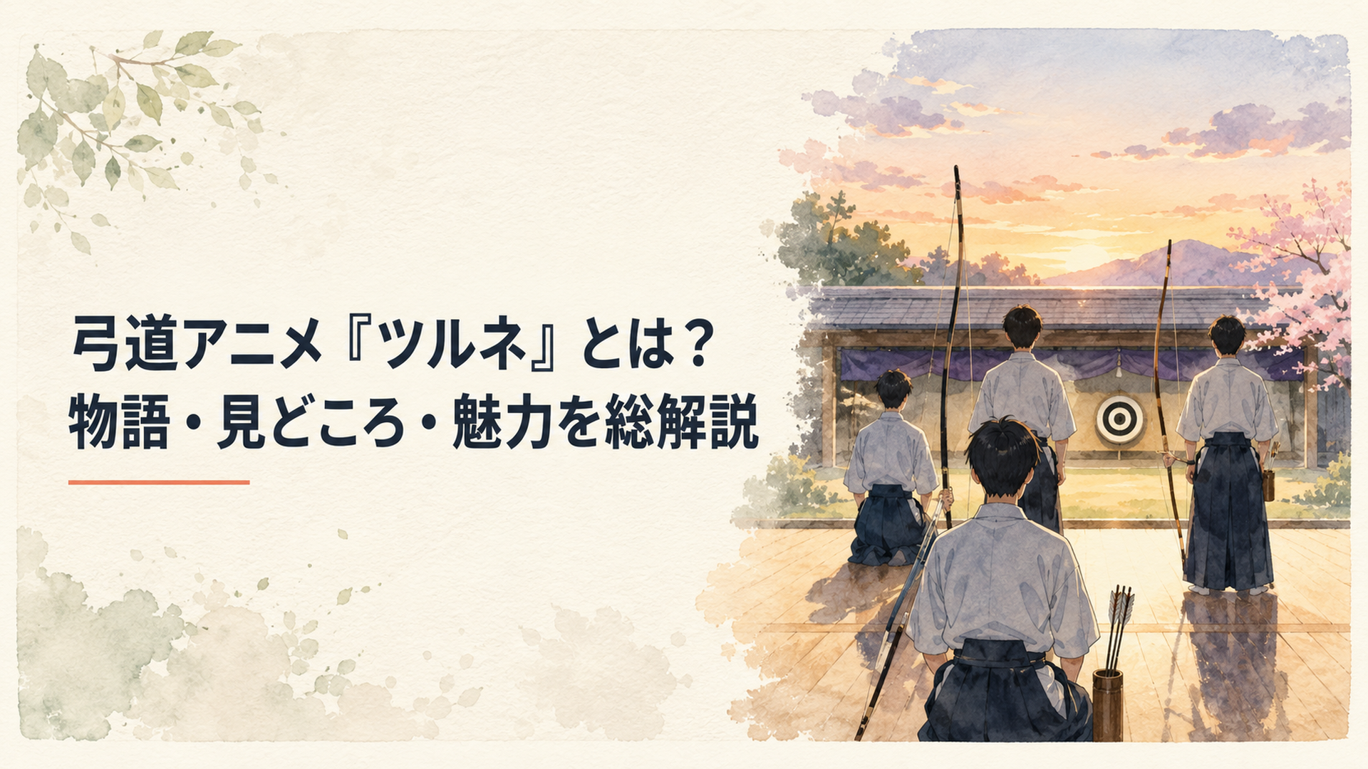 静かな弓道場で的に向かう高校生たちと弦音を感じさせる夕暮れの情景