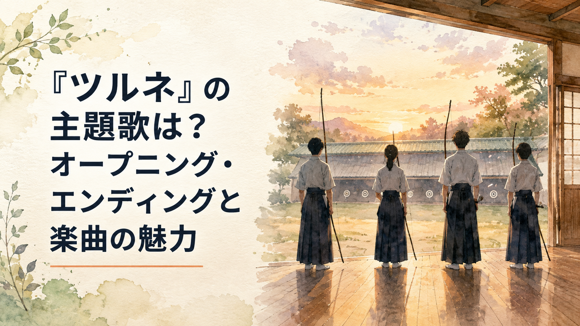 夕暮れの弓道場で弓を手に立つ高校生たちと静かに音楽が広がる情景