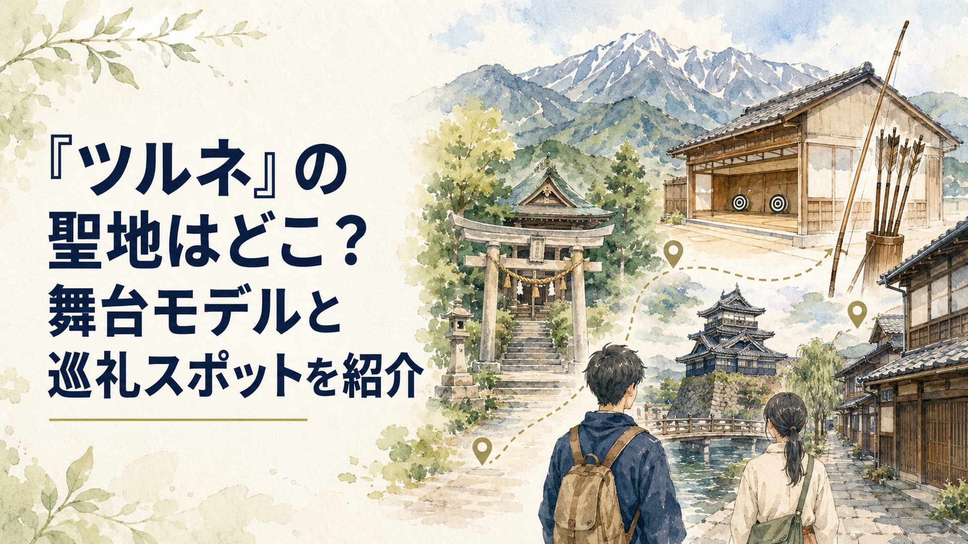 長野の山並みと静かな神社、弓道場、福井・丸岡の城下町を巡る『ツルネ』聖地巡礼の情景