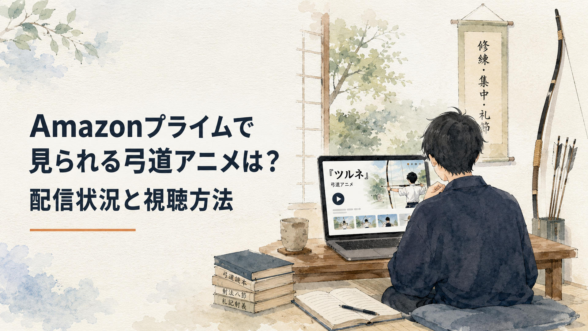Amazonプライムで弓道アニメ『ツルネ』の作品ページを確認しながら静かに視聴を始める場面