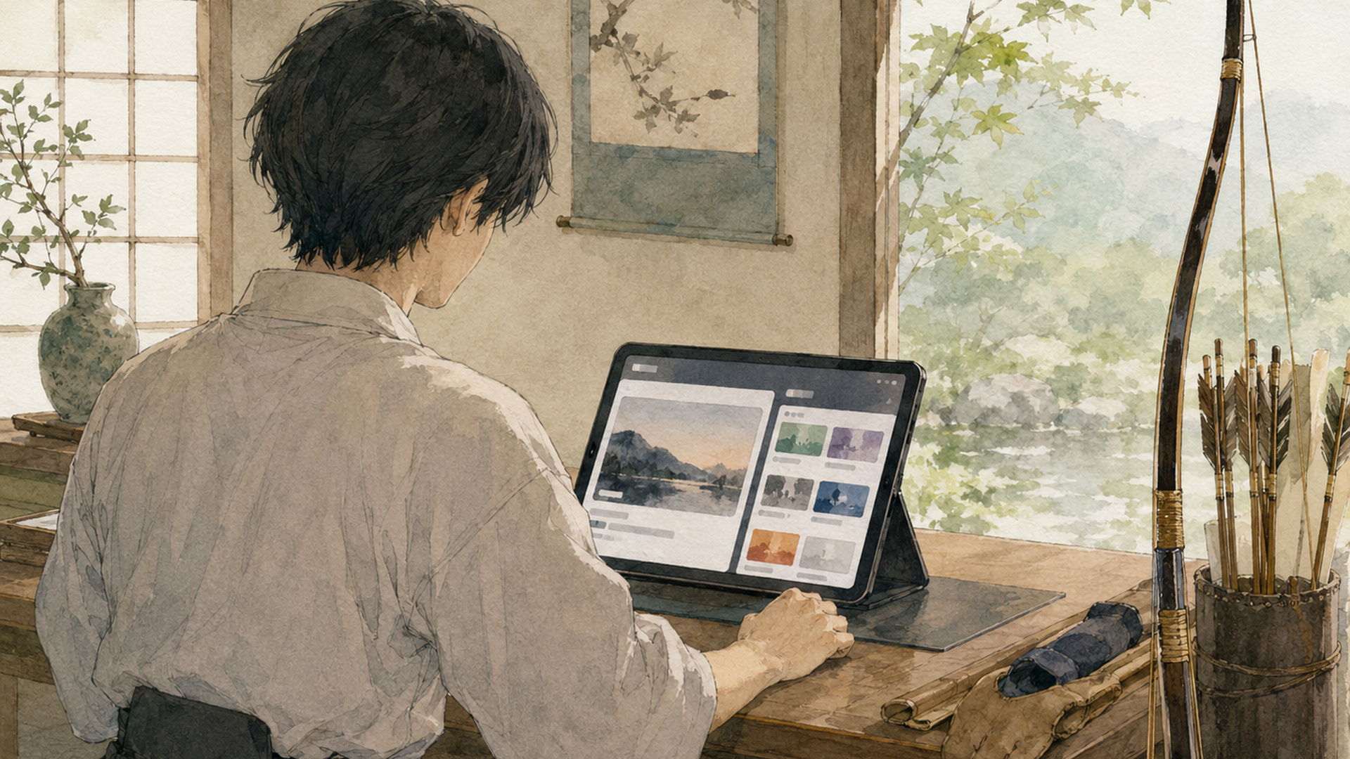 自宅のテレビとタブレットを前に『ツルネ』第1期・第2期・劇場版の配信先と料金を比較する人物の後ろ姿
