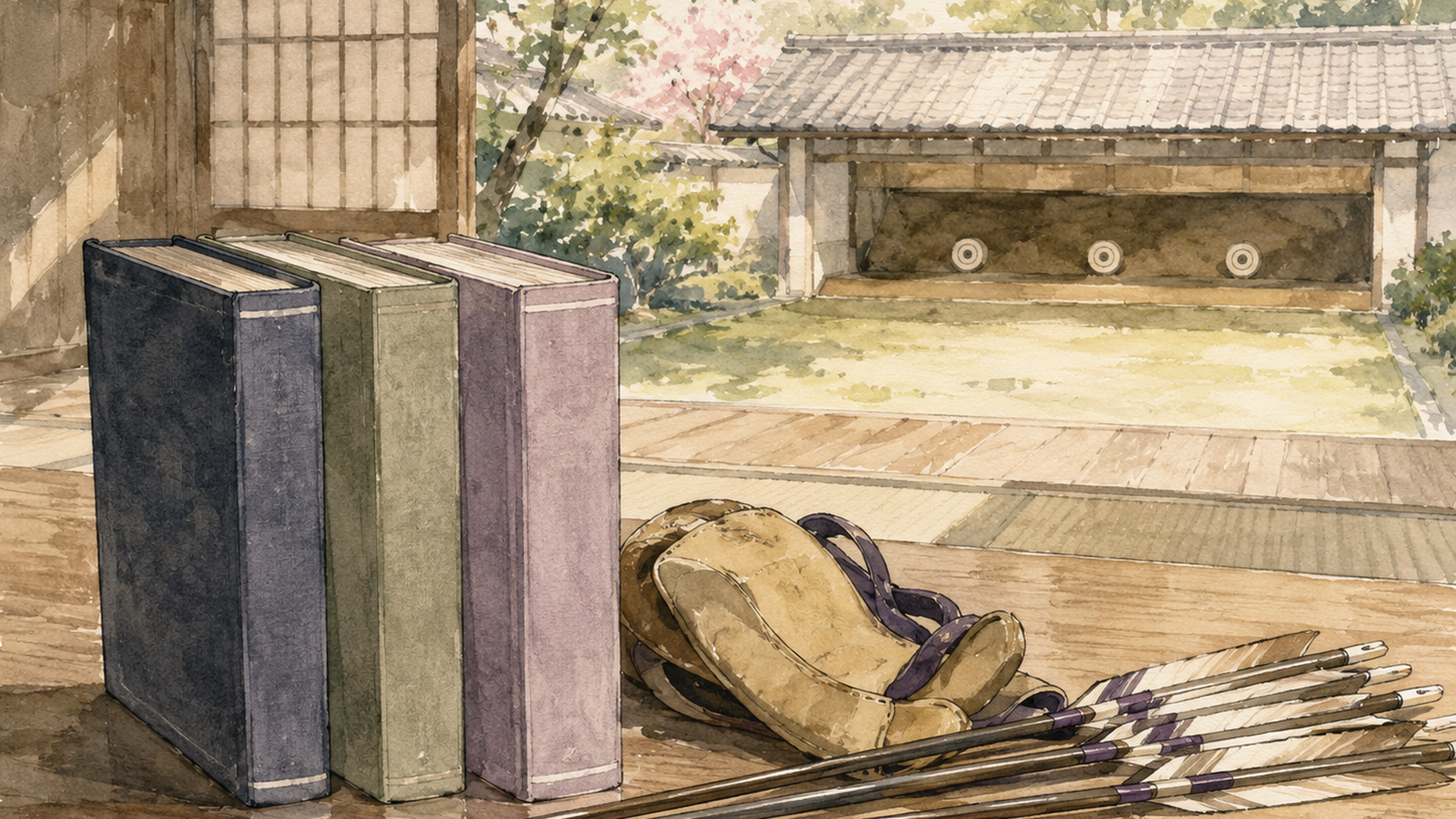 現代の弓道場から異世界の荒野へ場面がつながり、和弓を手にした高校生が遠くを見つめる情景