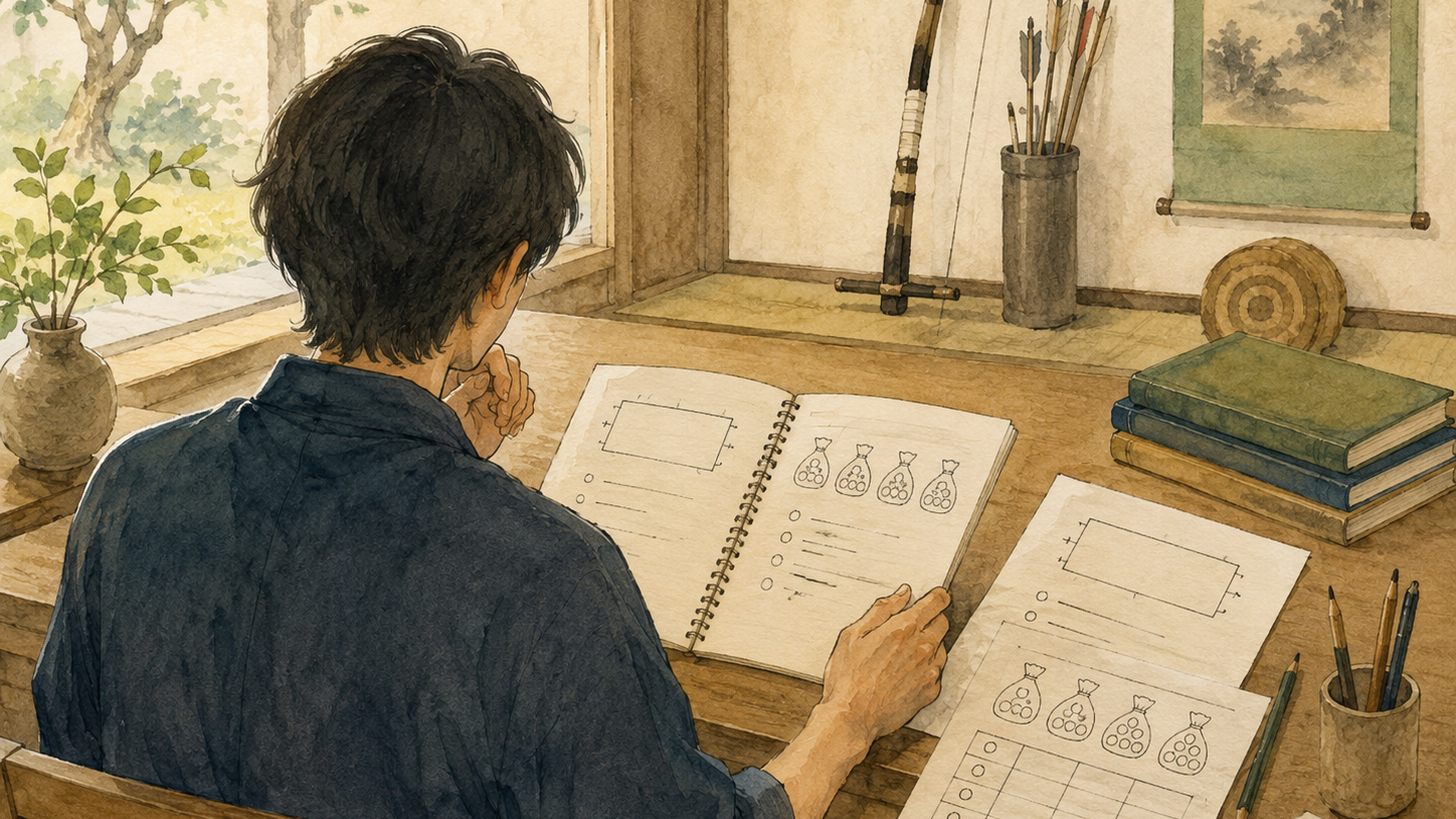 数学オリンピックの過去問集と整数・幾何・組合せの参考書を机に並べ、自分に合う一冊を選ぶ学習者の後ろ姿