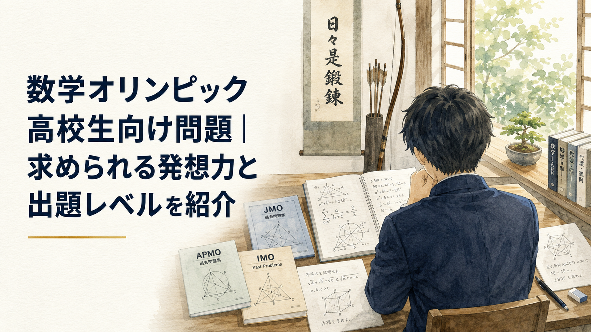 JMO・APMO・IMOの過去問を机に広げ、方程式や図を書いたノートを前に考える高校生の後ろ姿