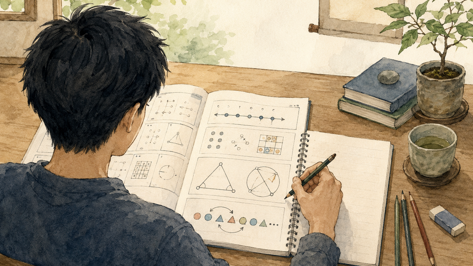 数学オリンピック2023予選の全12問と整数・幾何・組合せ・関数の発想を整理する学習机のイメージ