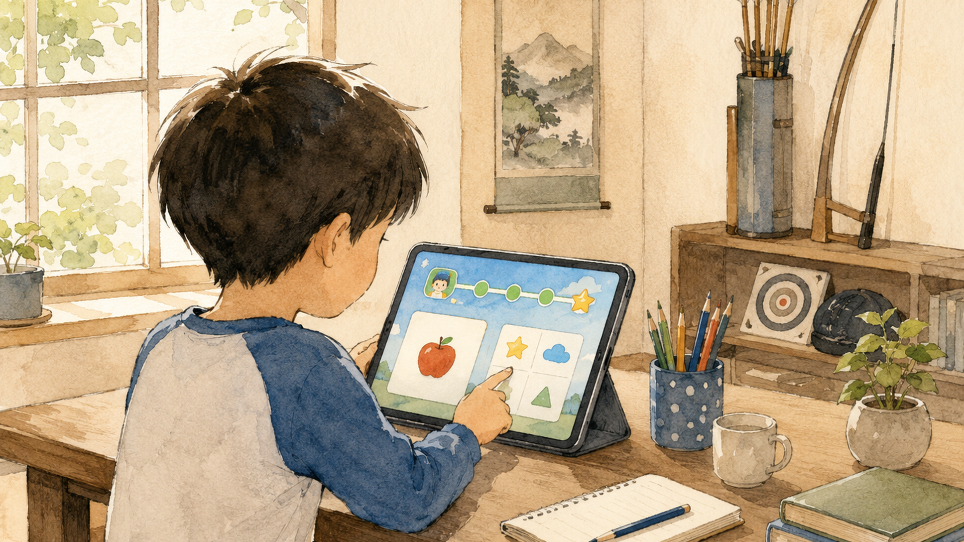 机の上のスマートフォンでTOEICの英単語とリスニングを学びながら小さなノートに復習事項を書き留める落ち着いた学習風景