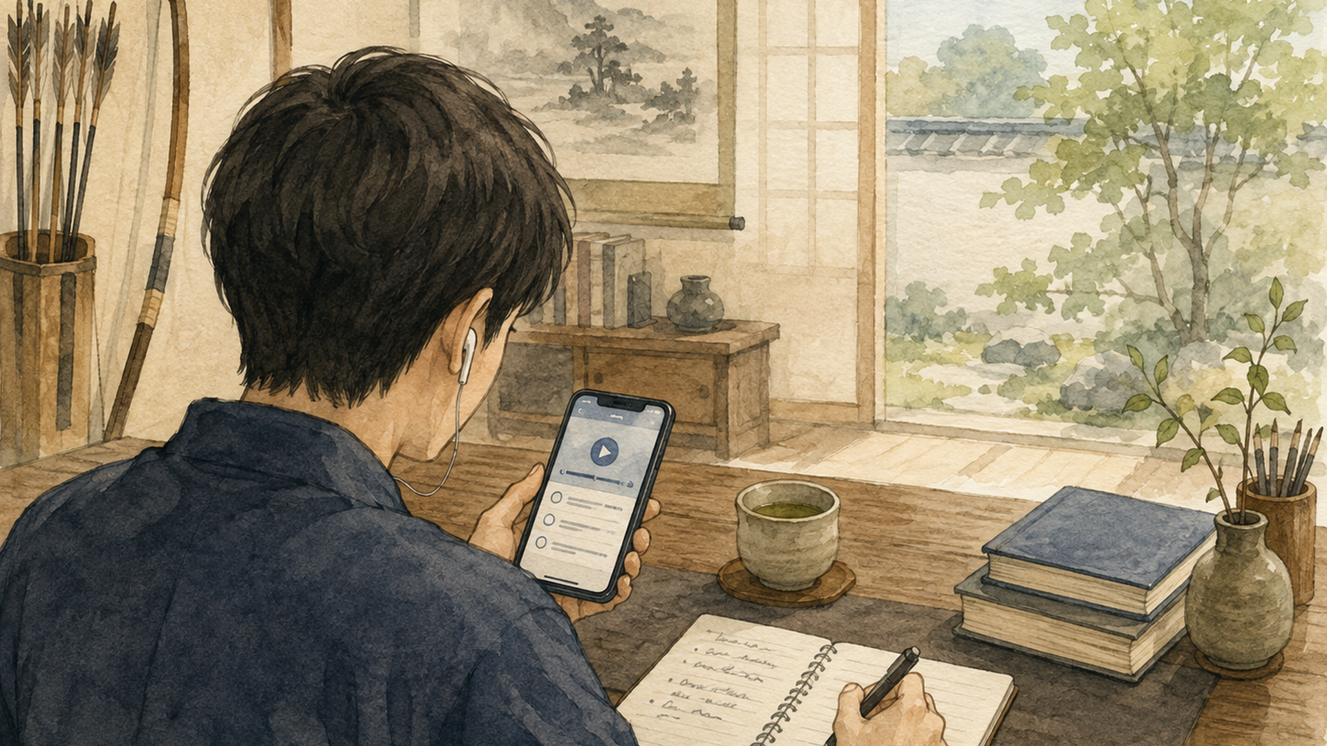 スマートフォンで英語学習アプリの比較記事を読みながらノートに選び方のポイントを書き留める落ち着いた学習風景