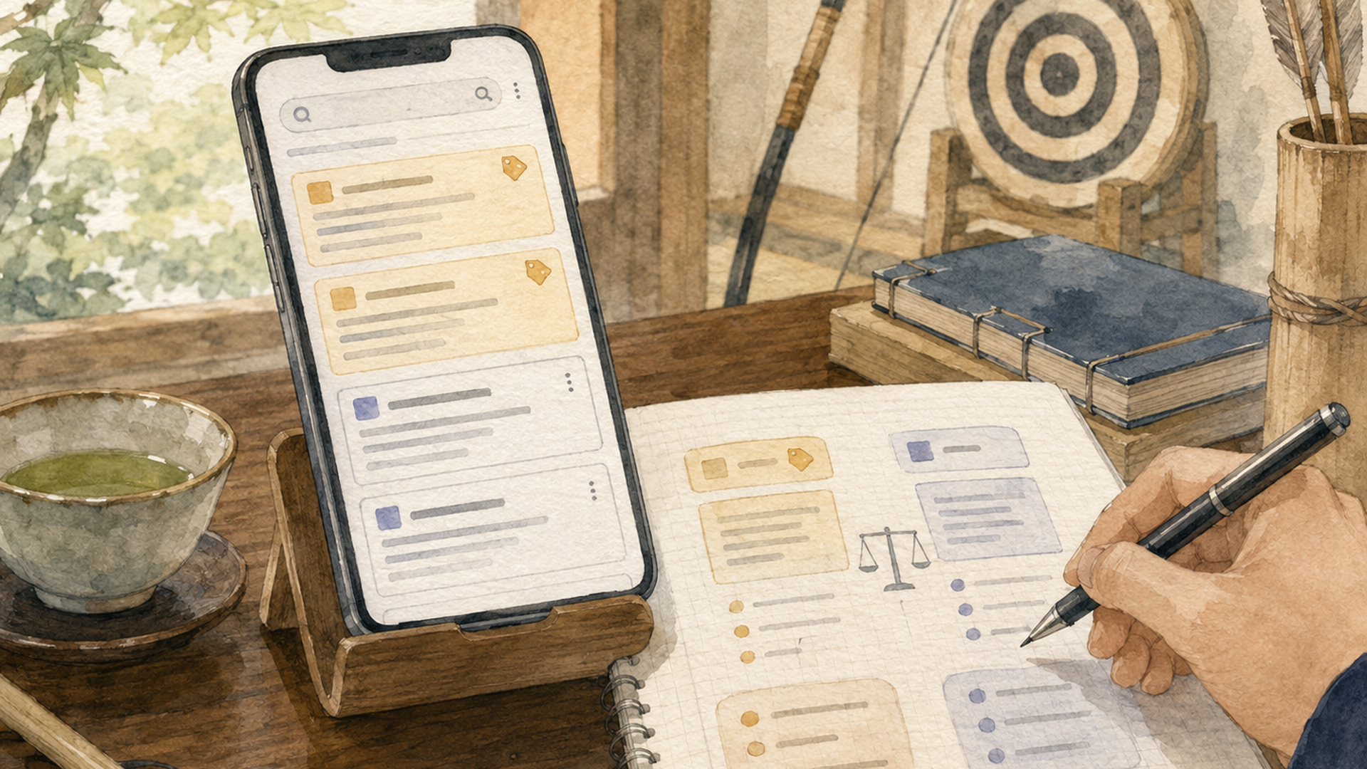 スマートフォンの英単語アプリで落ち着いて語彙学習をする大人と単語カードをイメージした学習風景
