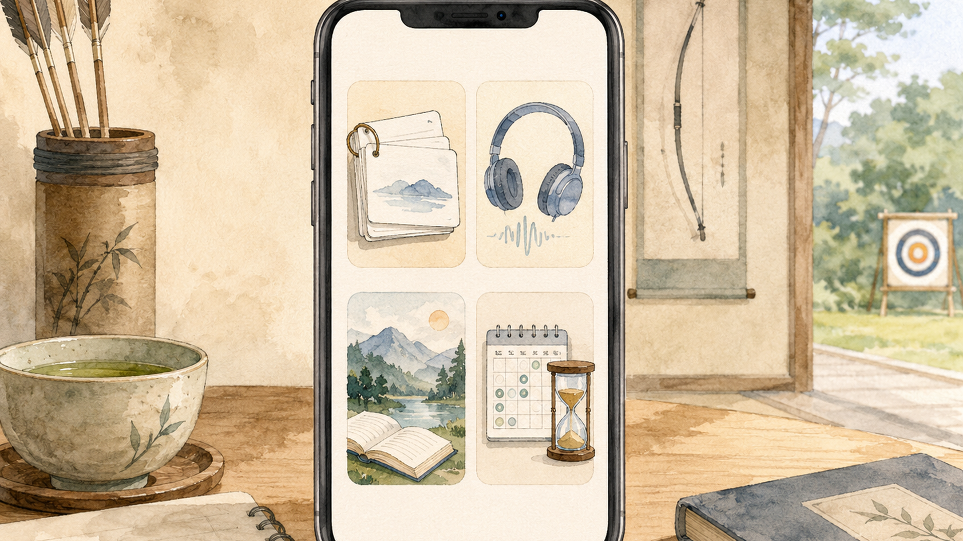 iPadとApple Pencilを机に置き英語の教材と音声を使って静かに学習している様子