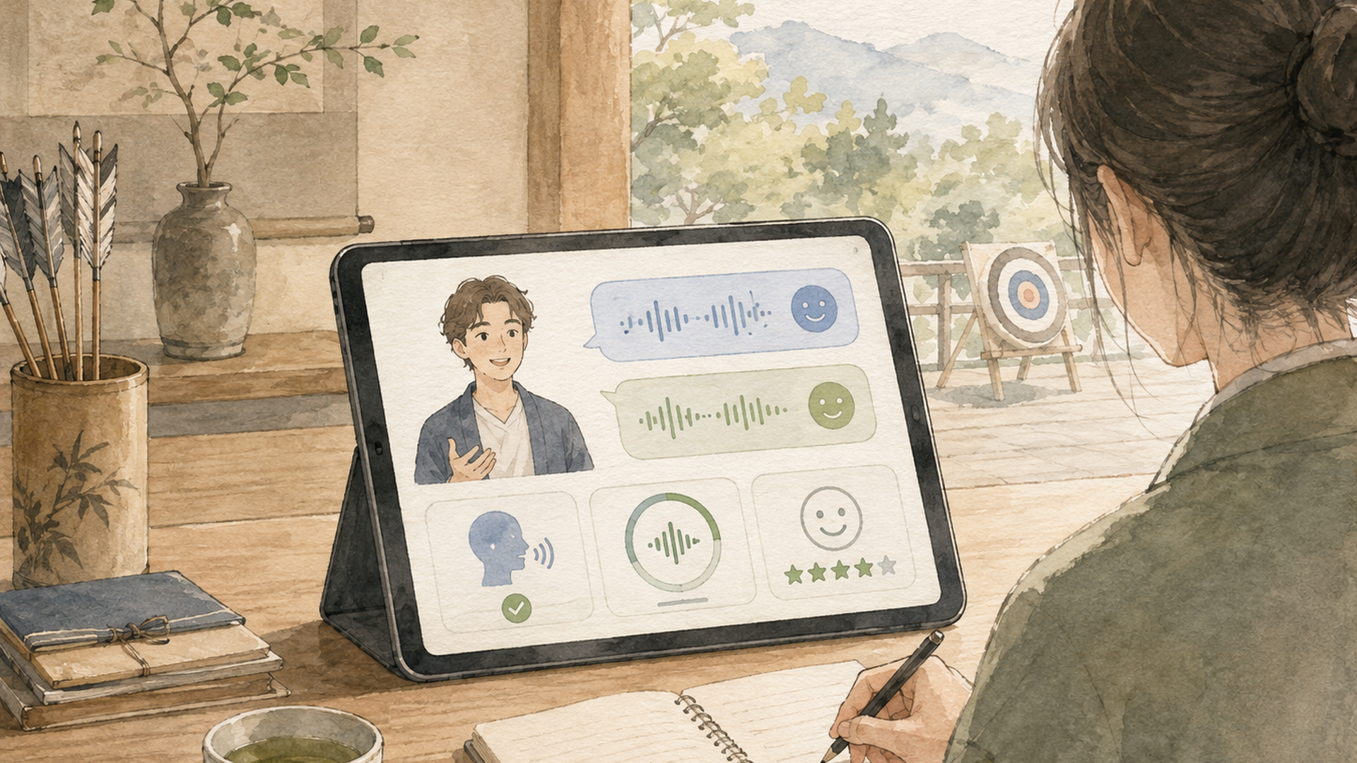 スマートフォンで英語学習アプリを使いながら単語・リスニング・英会話を学ぶ落ち着いた大人の学習風景