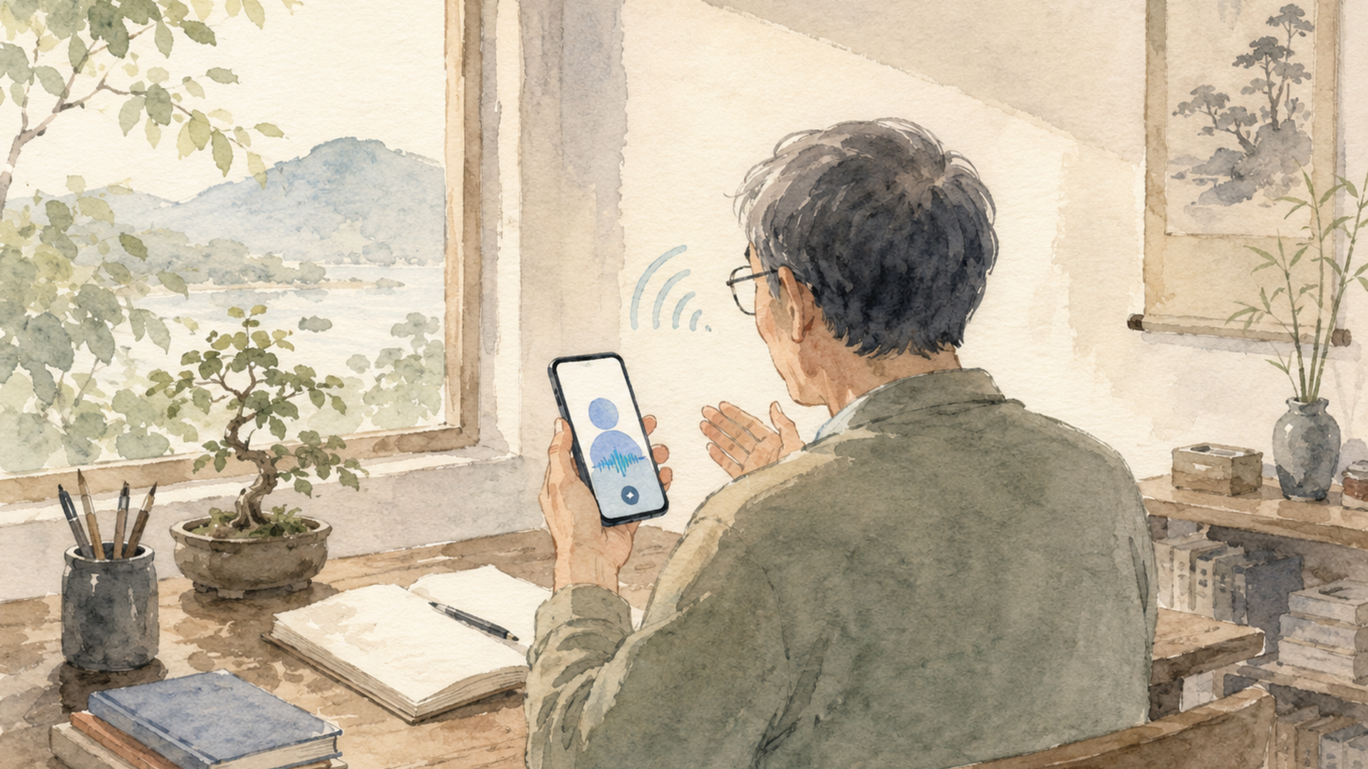 スマートフォンの英語学習アプリを見ながら落ち着いて勉強する大人の学習者