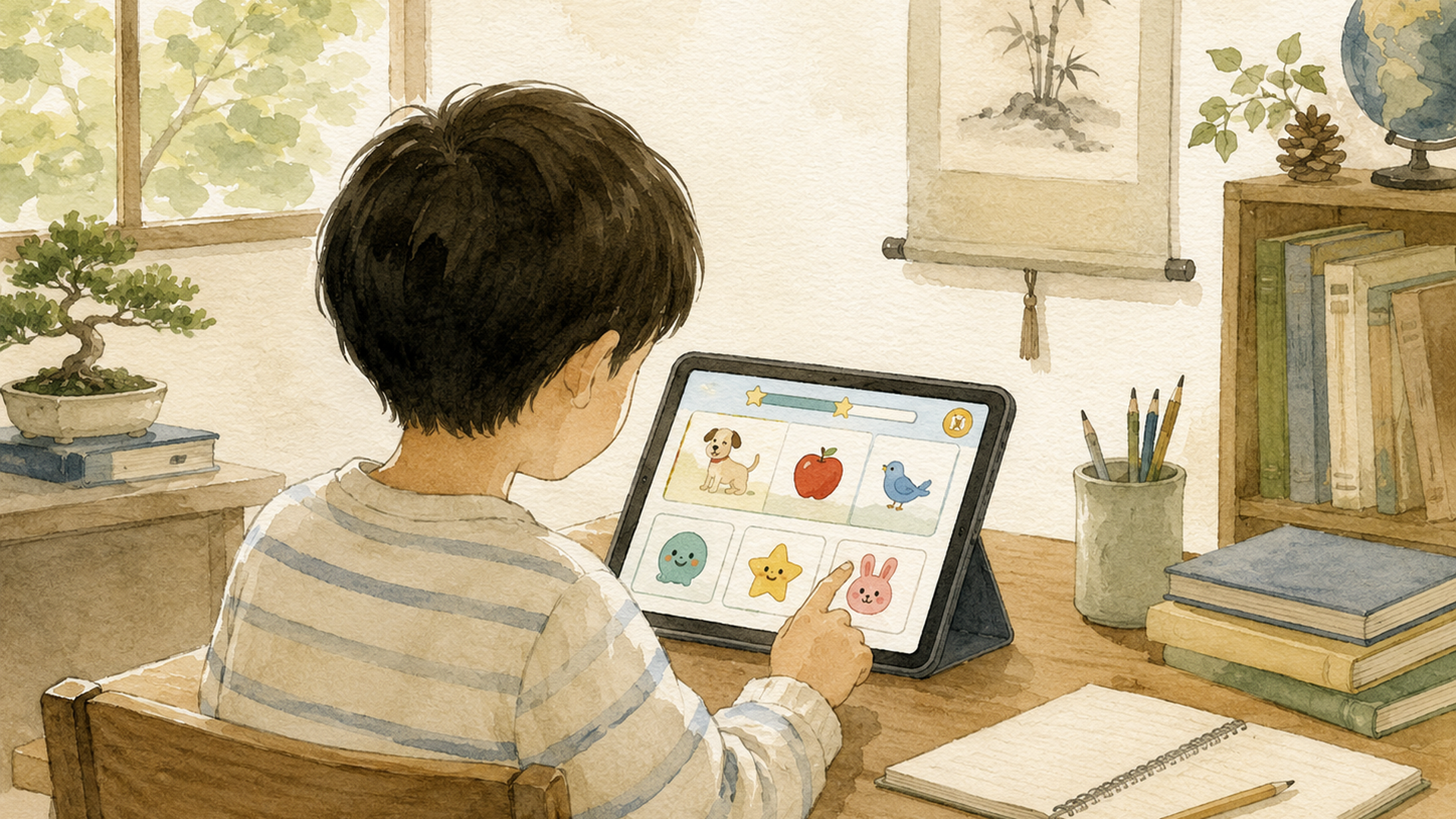 通勤前の静かな書斎でスマートフォンを使ってビジネス英語を学ぶ大人の学習者