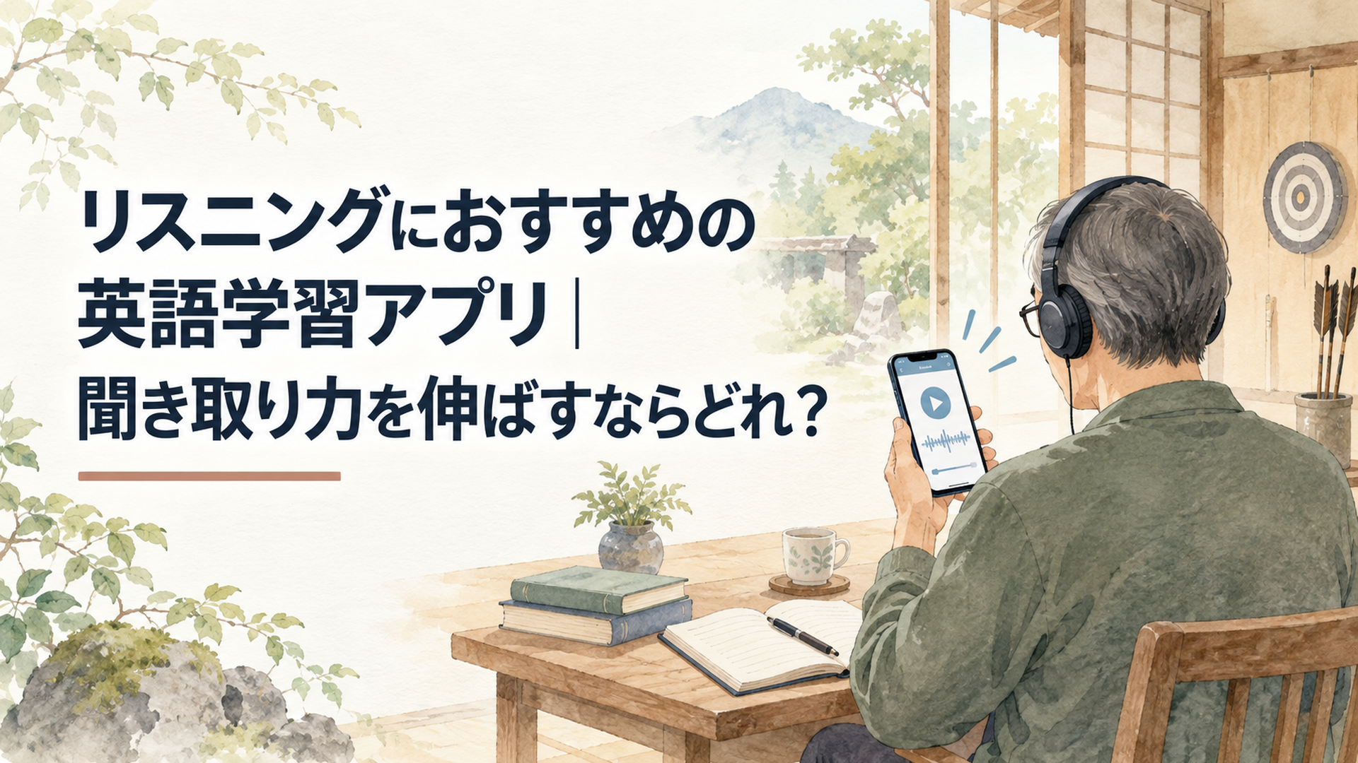 スマートフォンの英語学習アプリでリスニング練習をする中高年の学習者