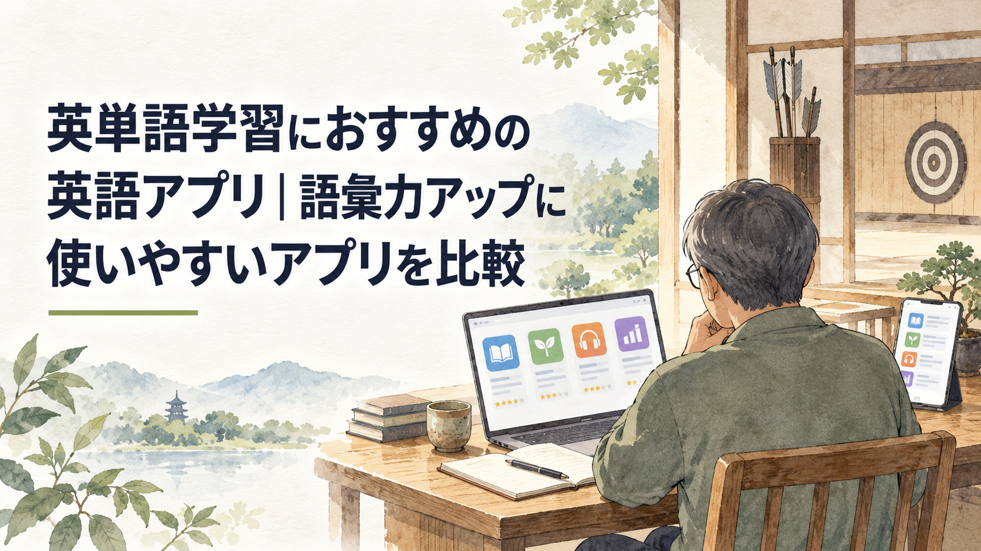複数の英単語学習アプリを見比べながら自分に合う学習方法を考える中高年の学習者