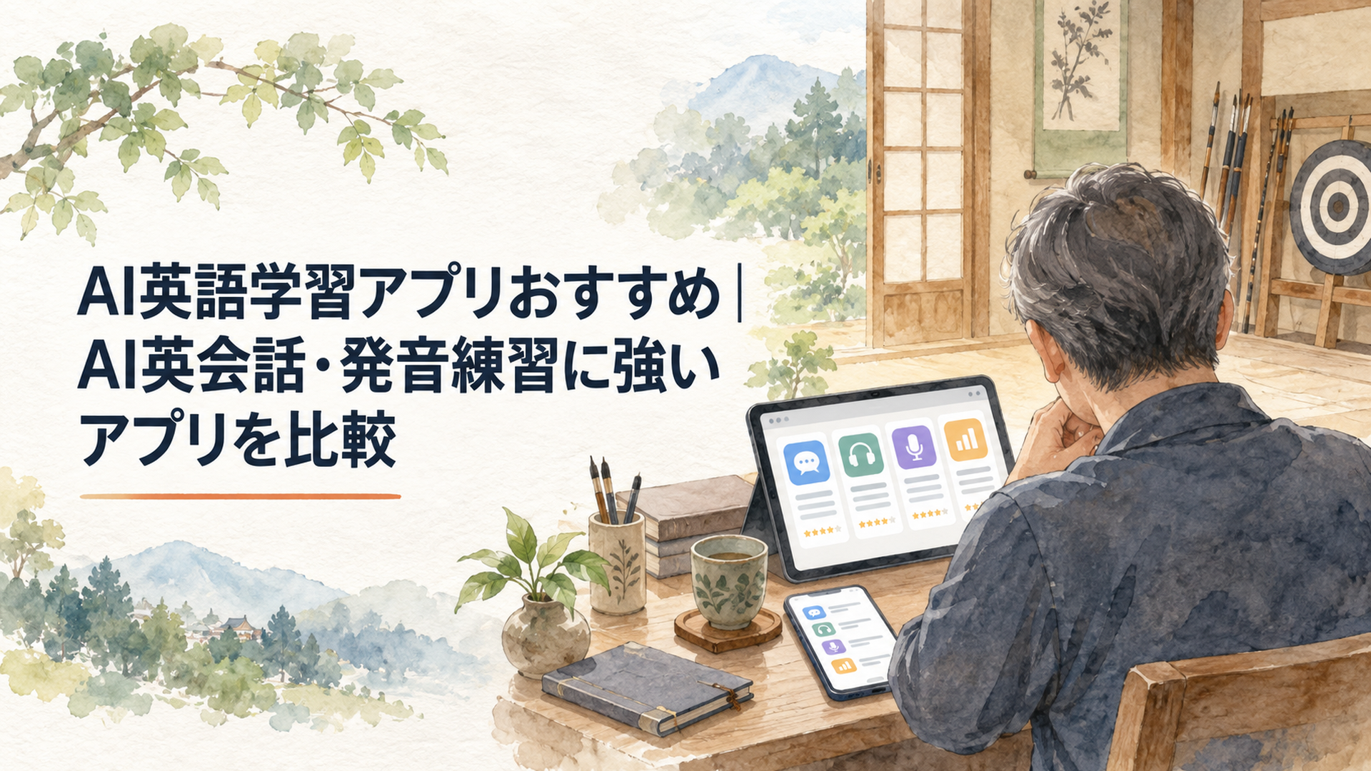 複数のAI英語学習アプリを比較しながら自分に合う英会話や発音練習を考える中高年の学習者