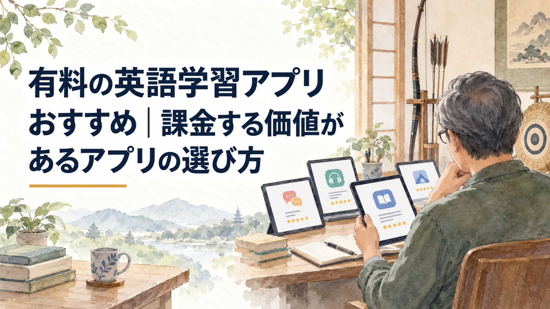 複数の有料英語学習アプリを見比べながら自分の学習目的に合うサービスを選ぶ中高年の学習者