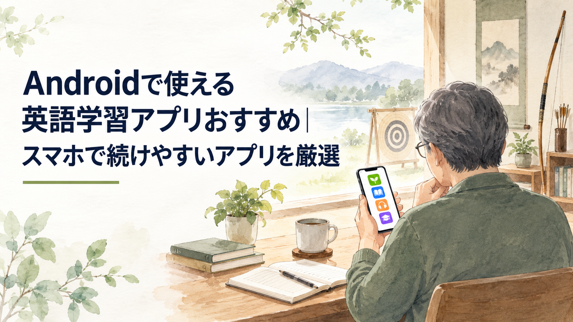 Androidスマートフォンで複数の英語学習アプリを比較しながら自分に合う学び方を考える中高年の学習者
