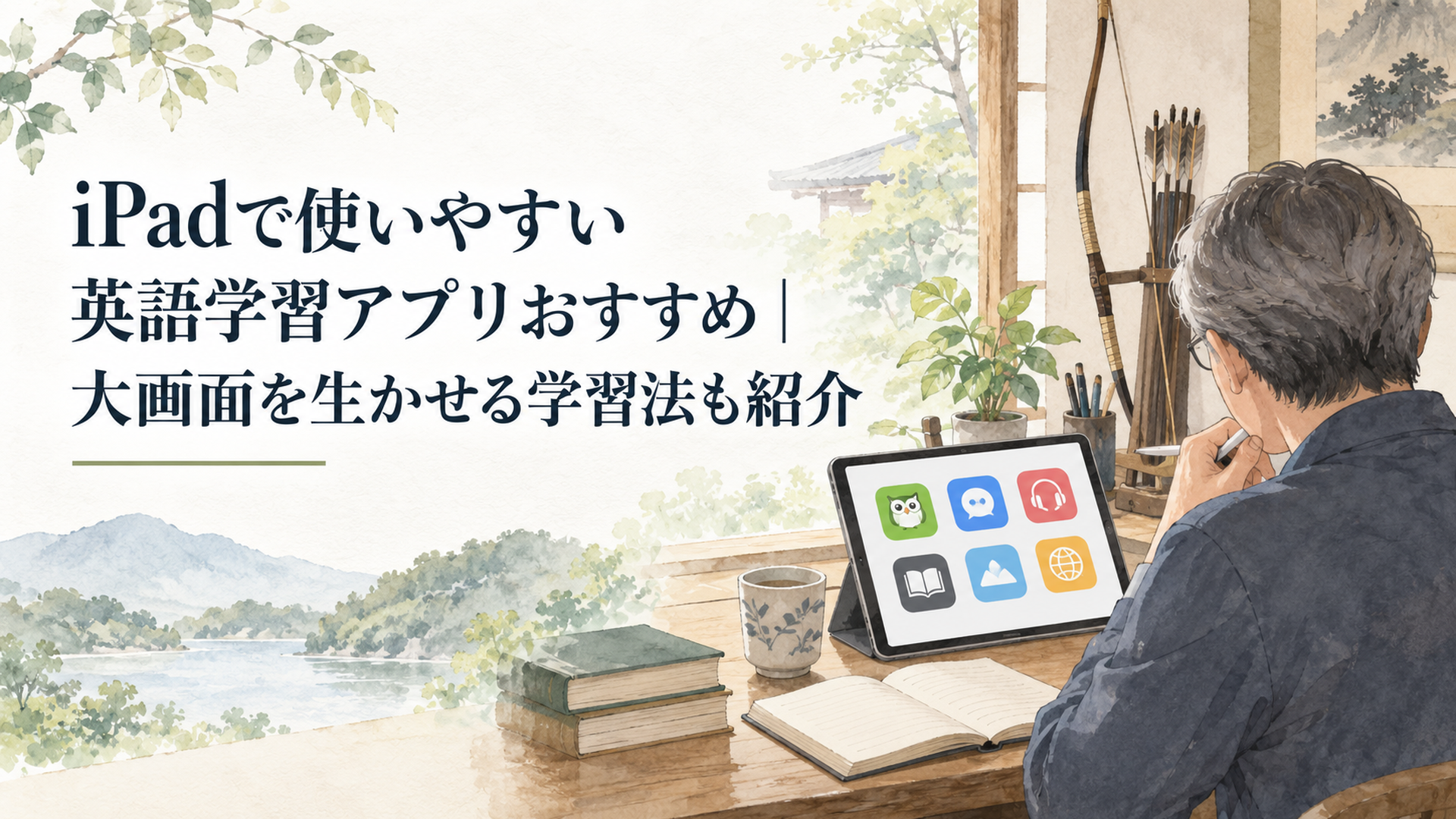iPadに複数の英語学習アプリを表示し自分に合う学習方法を考える中高年の学習者
