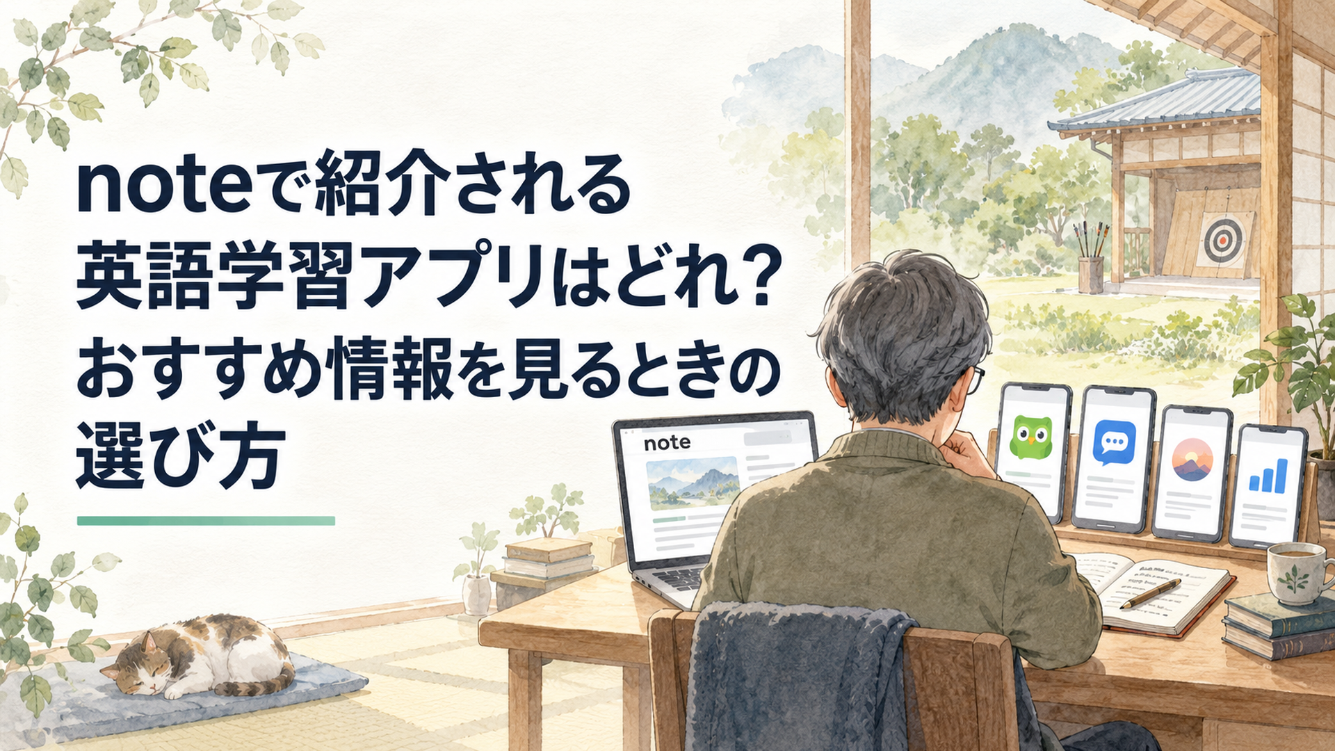 noteの記事と複数の英語学習アプリを見比べながら自分に合う学習方法を考える中高年の学習者