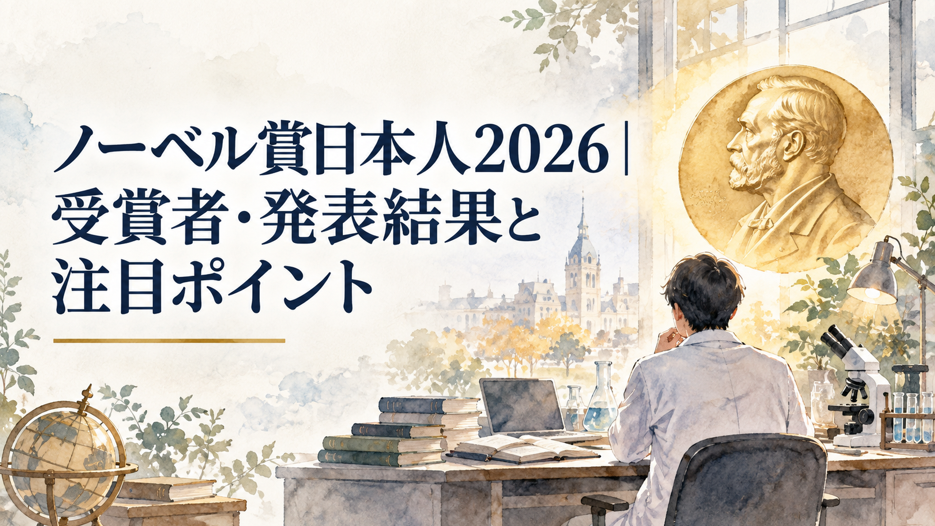 ノーベル賞のメダルを思わせる象徴と研究室を背景に2026年の日本人受賞者発表を待つイメージ