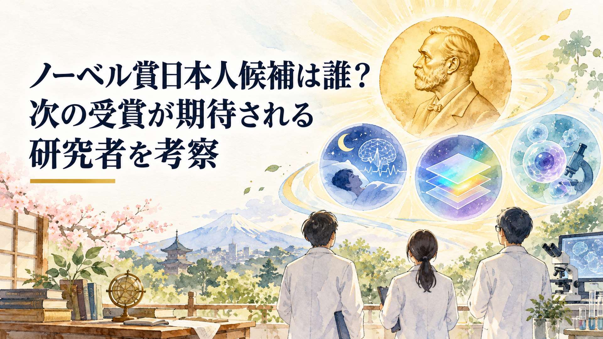 ノーベル賞を象徴する光の先に睡眠研究・有機EL・細胞研究が広がる日本人研究者の科学研究イメージ
