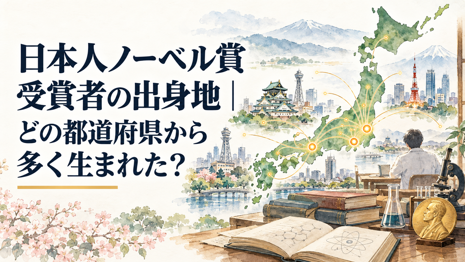 日本地図の東京愛知大阪を中心に研究室や本や原子模型を穏やかに配置しノーベル賞受賞者の出生地の広がりを表した風景