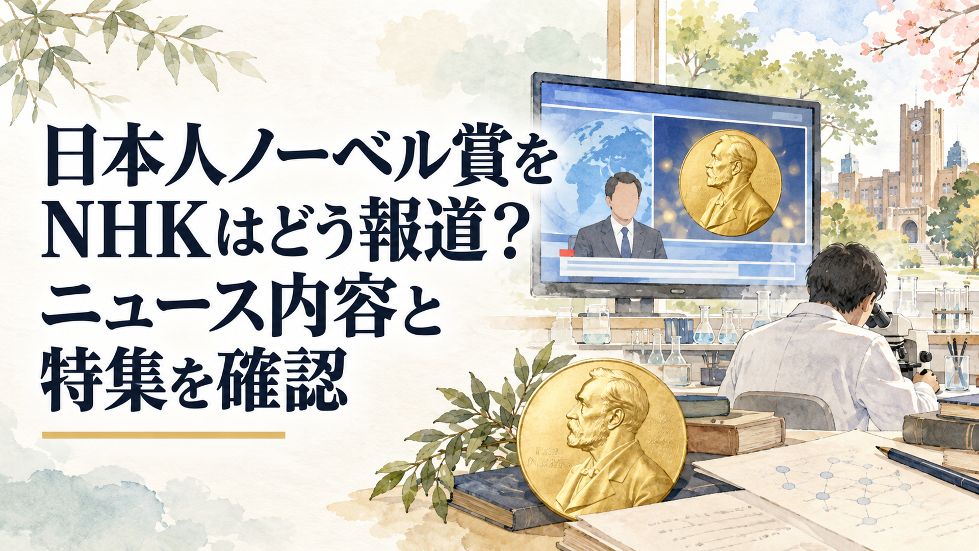 ノーベル賞の発表を伝えるニュース画面と日本の大学研究室、メダルを穏やかに組み合わせたイメージ