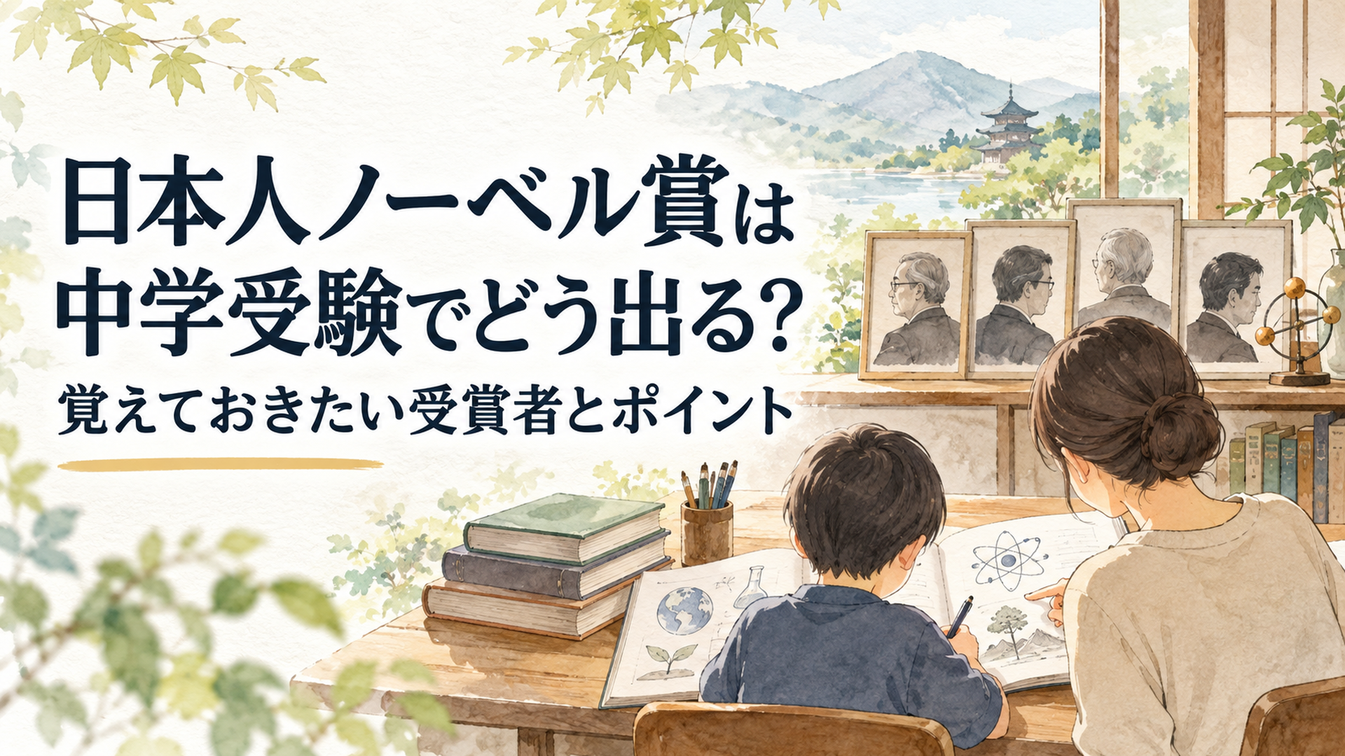日本人ノーベル賞受賞者と中学受験の理科・社会をノートで学ぶ親子の静かな学習風景